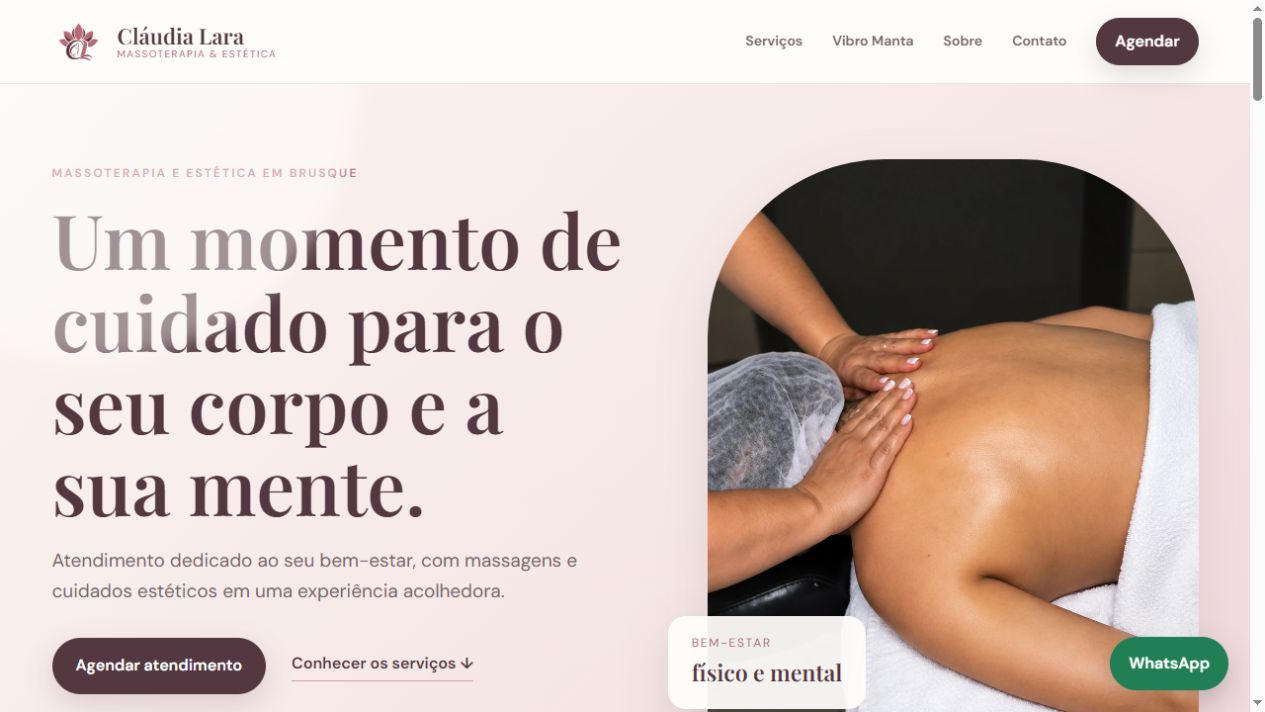 Site da Cláudia Lara Massoterapeuta com apresentação dos serviços e acesso à agenda online